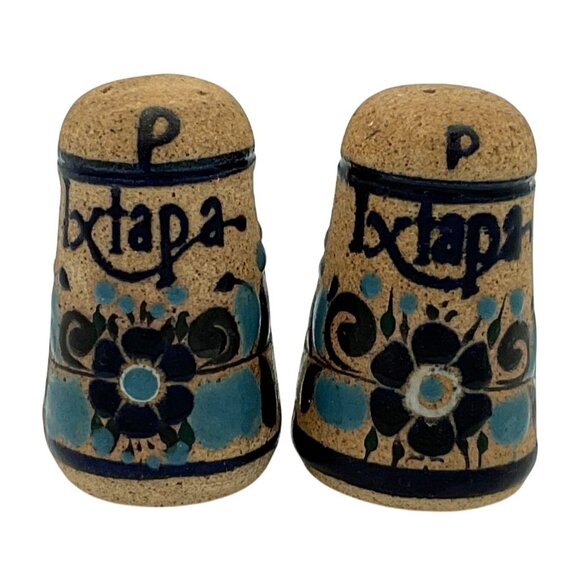 MEXICAN TONALA SALT & PEPPER SHAKERS NETZI CERAMIC BLUE PAINTED DESIGN - Picture 1 of 5
